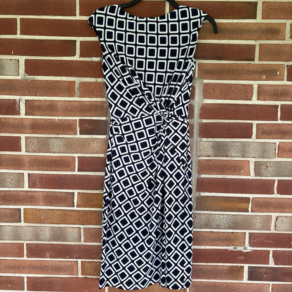 Lauren Ralph Lauren Dark Blue White Square Geometric Ruched Dress Sz 4 A2539 - Picture 1 of 5